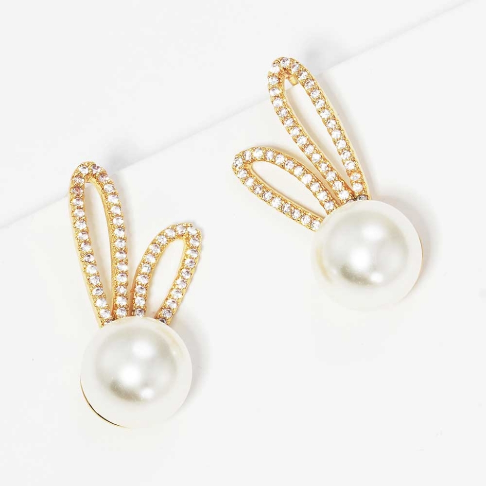 Gold Rabbit Cream Pearl Crystal Cubic Zirconia Stud Earrings Bunny Jewelry Cute - Picture 2 of 3